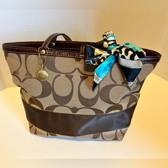 Coach Handbags - Coach Vintage Signature Jacquard Tote, Brown with colorful scarf